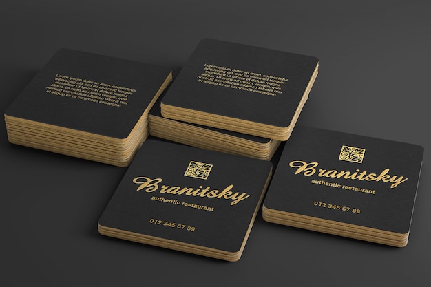 Black and gold luxury square business card pile mockup