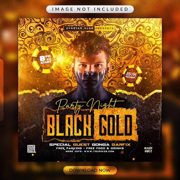 PSD black gold party flyer or social media promotional banner template