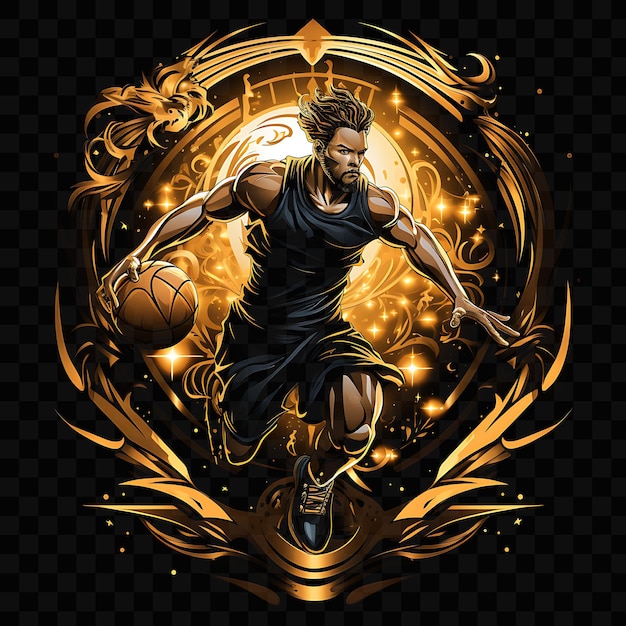 A black and gold photo of a basketball player with a gold background