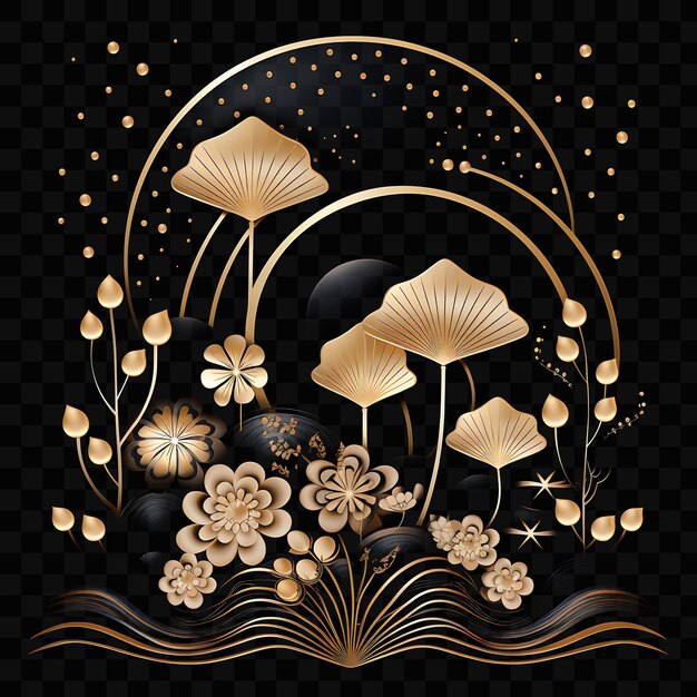 PSD a black and gold picture of mushrooms and flowers