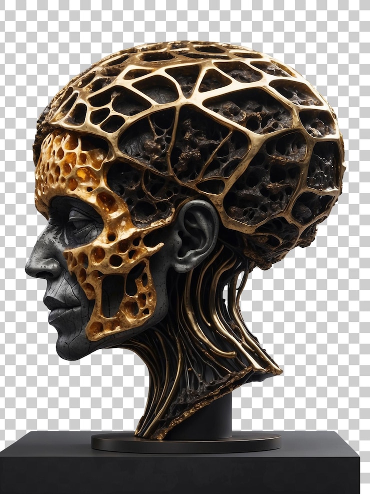 PSD a black and gold sculpture of a human head with a gold pattern