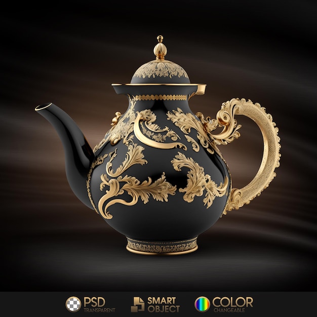 PSD a black and gold teapot with a dragon on the front.