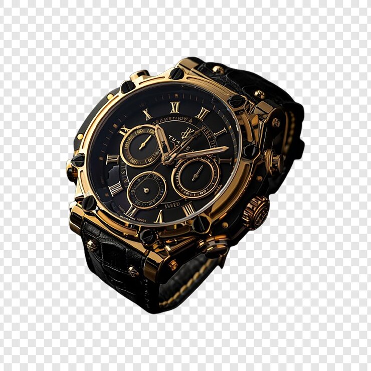 PSD a black and gold watch with the roman numerals on the face