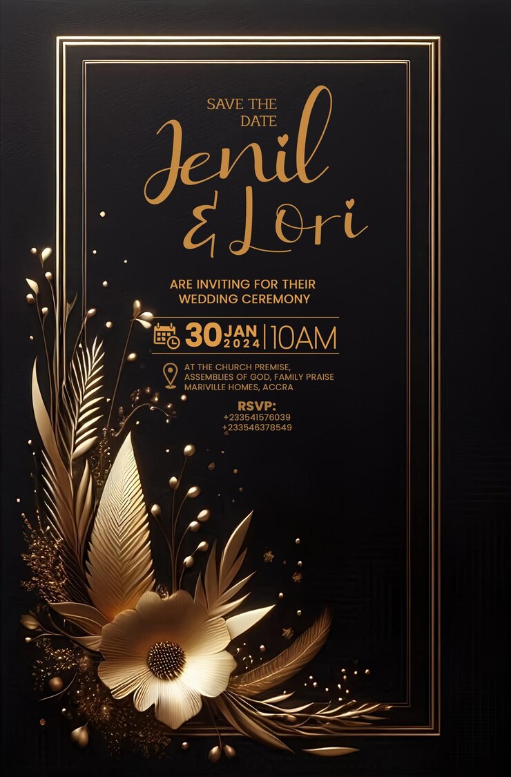 PSD black and gold wedding invitation greeting cards elegant vintage style