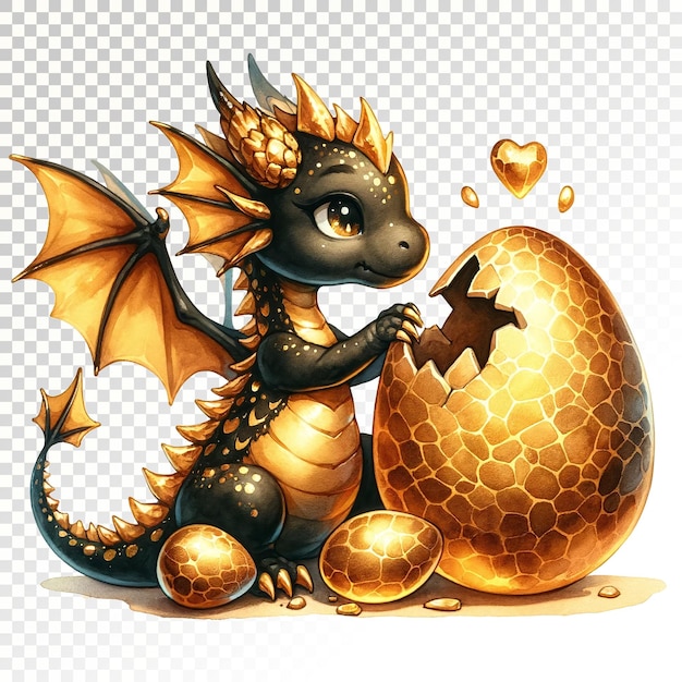 PSD black golden dragon fantasy clipart acquarello baby dragon clipart