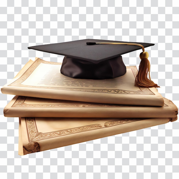 PSD black graduation cap with degree diploma isolated on transparent