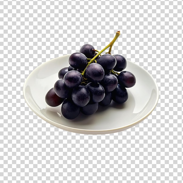 PSD black grapes in white plate isolated on transparent background