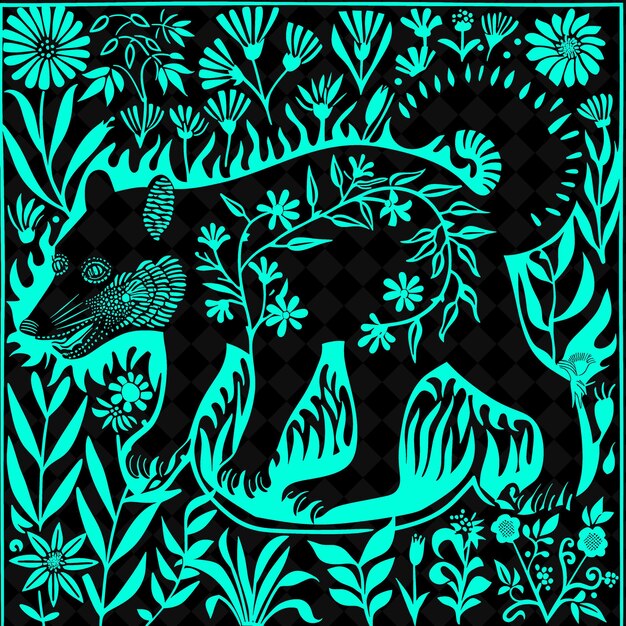 A black and green drawing of a tiger with flowers and a lion on it