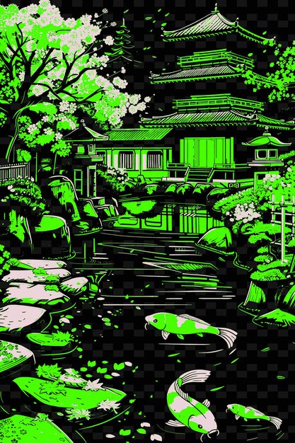 Un'illustrazione nera e verde di una casa con uno stagno e un tempio sullo sfondo