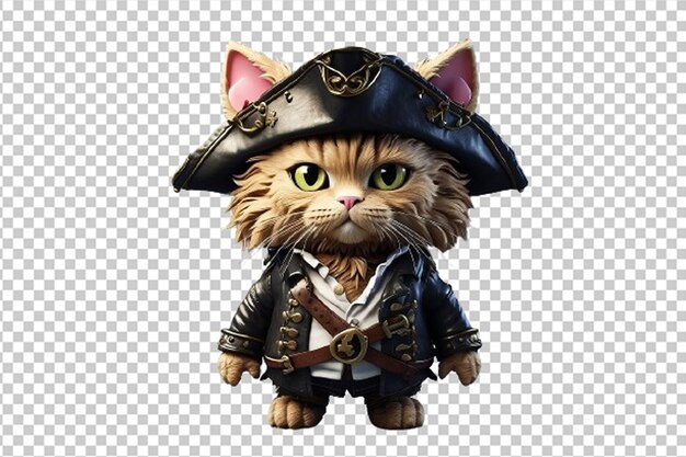 PSD black and grey cat with green eyes wearing a pirate hat and coat