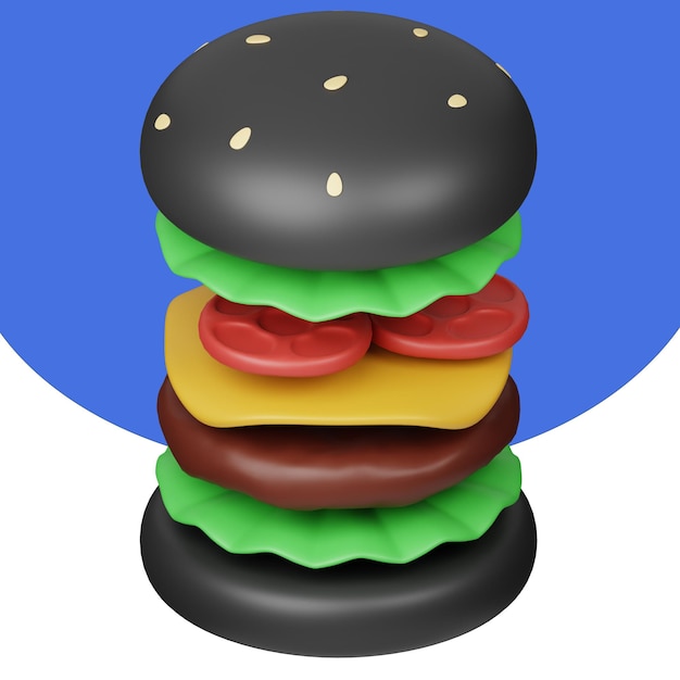 PSD a black hamburger with a black top that has tomato slices on it.