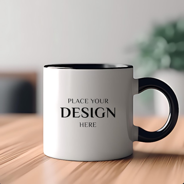 Mockup di tazza in ceramica bianca con manico nero sul tavolo di legno