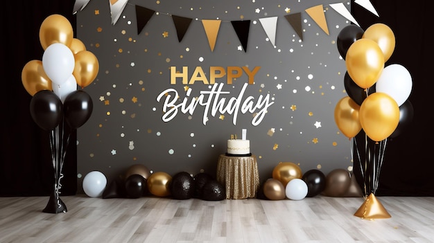 PSD black happy birthday with golden and black balloons white balloons backdrop style backgro