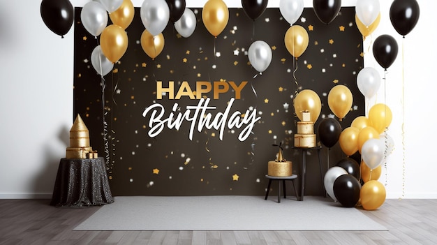 PSD black happy birthday with golden and black balloons white balloons backdrop style backgro