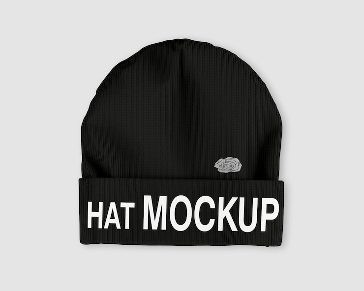 PSD 前面に「hat mock」の文字が入った黒い帽子のモックビーニー。