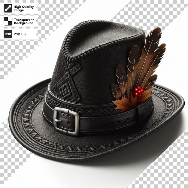 PSD a black hat with a feather on it and a feather on the top