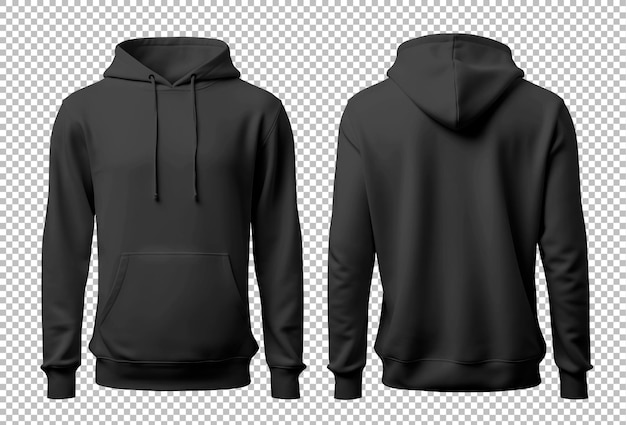 PSD black hooded sweatshirt seen from the front and back isolated on transparent background