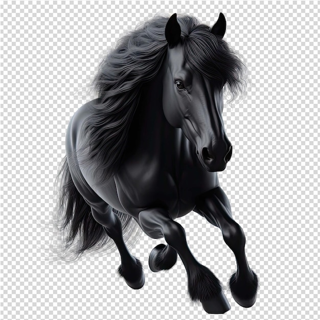 PSD un cavallo nero con una criniera nera che corre su uno sfondo trasparente
