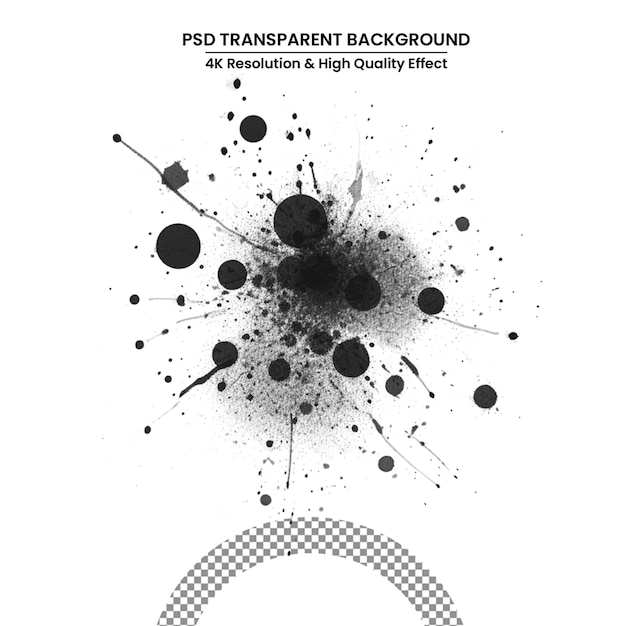 PSD Всплеск черных чернил с каплями на белом фоне