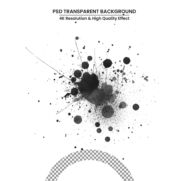 PSD Всплеск черных чернил с каплями на белом фоне