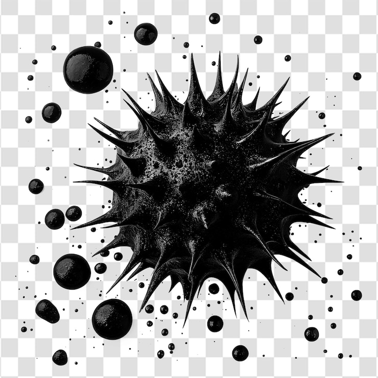 PSD black ink splatter with dry brush texture and sharp burst edges isolated on a transparent background
