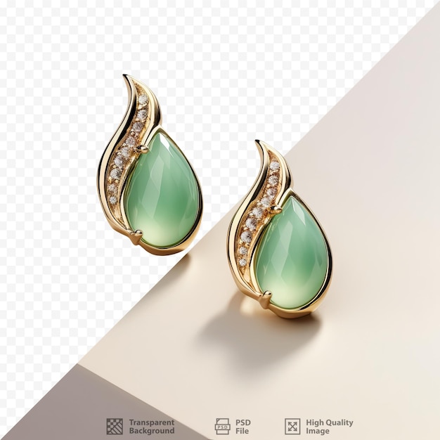 PSD black isolated background golden earrings with green stone