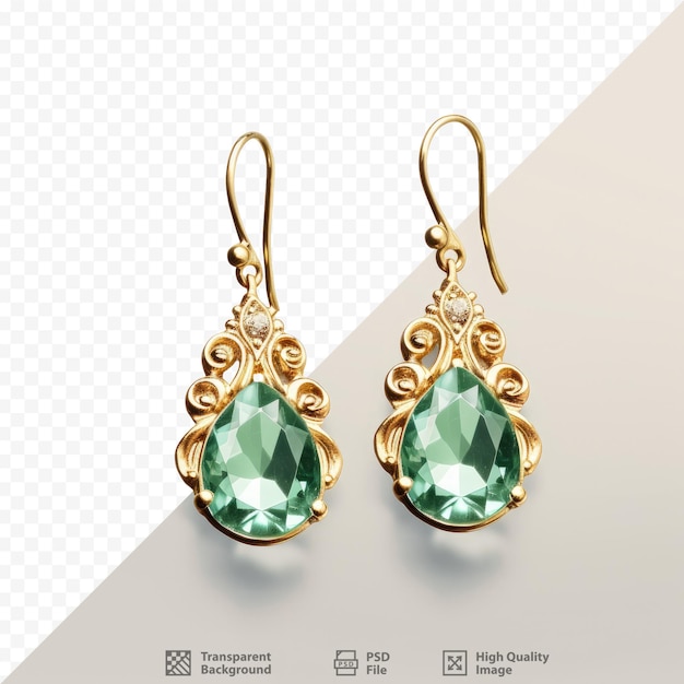 PSD black isolated background golden earrings with green stone