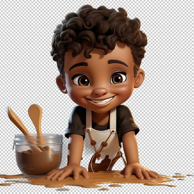 PSD black kid baking 3d cartoon style transparent background isolat