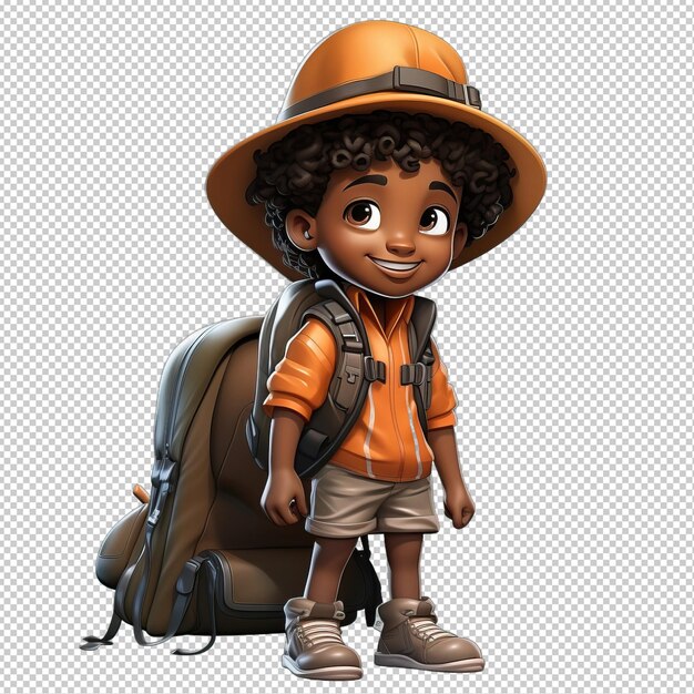 PSD black kid camping 3d cartoon style transparent background isola