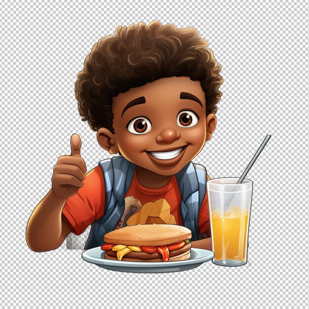 Black kid dining 3d cartoon style transparent background isolat