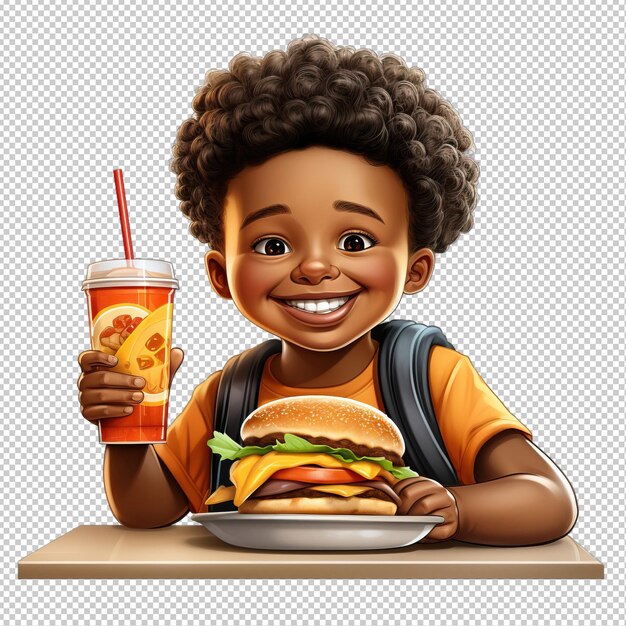 PSD black kid dining 3d cartoon style transparent background isolat