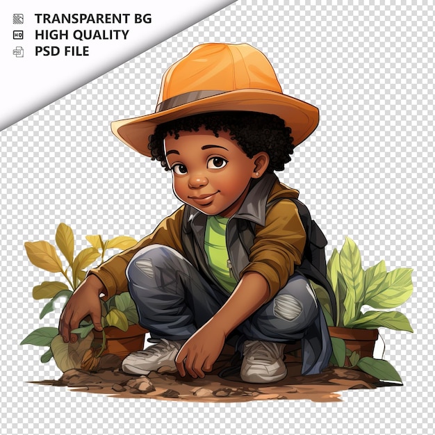 PSD black kid gardening ultra realistische stijl witte achtergrond