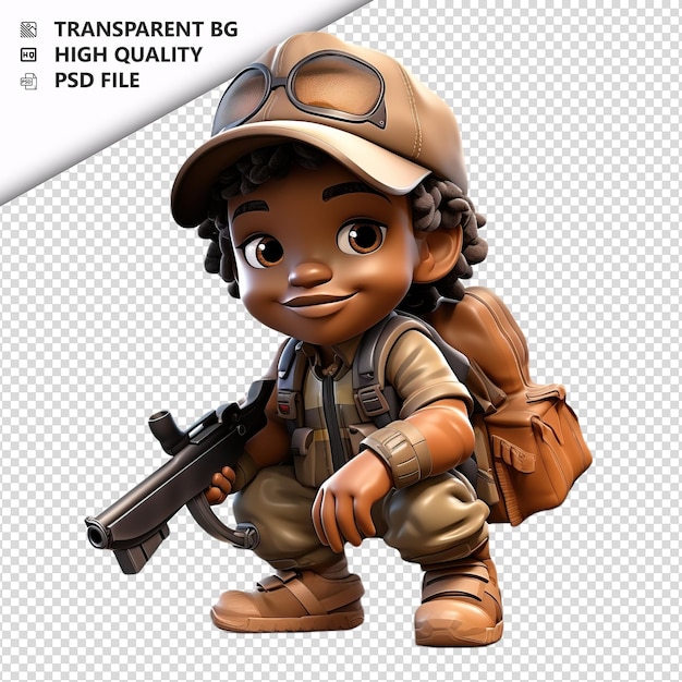 PSD black kid hunting 3d cartoon style white background isola