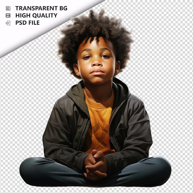 PSD black kid meditating ultra realistic style white backgrou