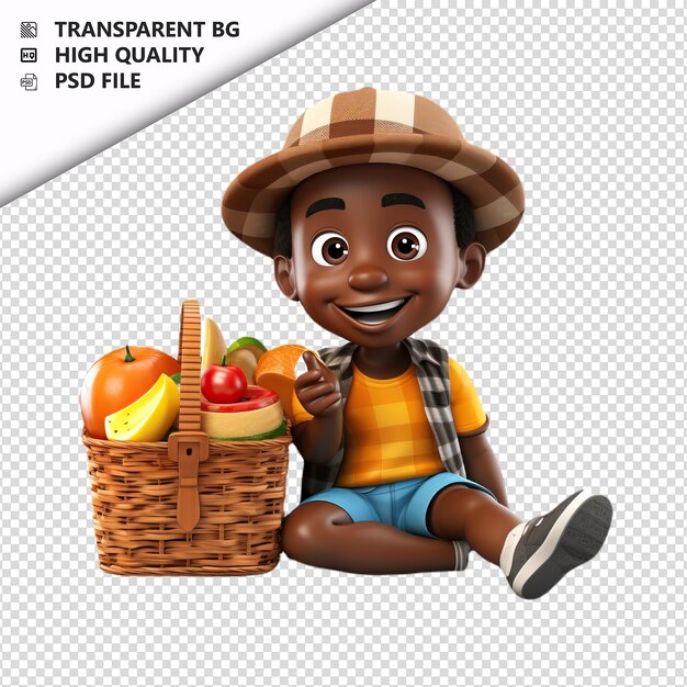 PSD black kid picnicking 3d cartoon style white background is