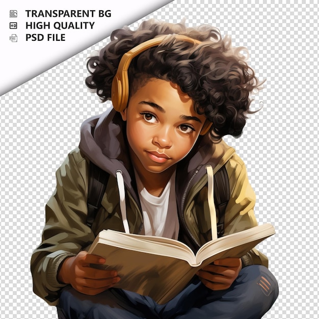 Black kid reading ultra realistic style white background