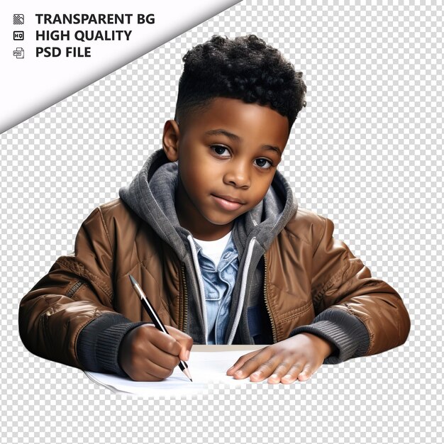 Black kid schrijft in ultra-realistische stijl op een witte achtergrond.