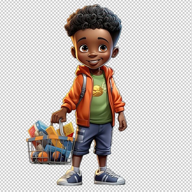 PSD black kid shopping 3d cartoon style transparent background isol