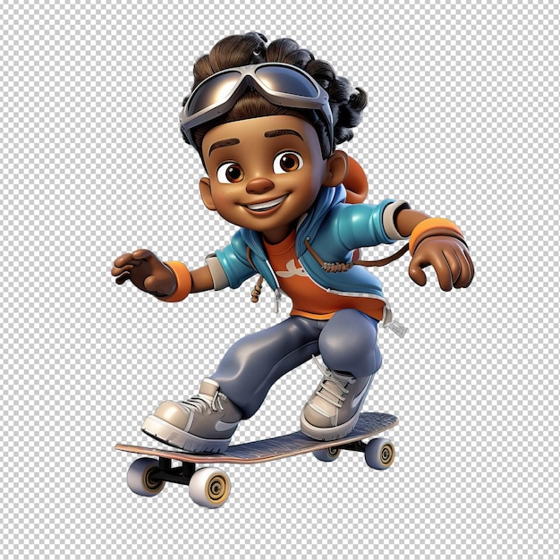 PSD black kid skating 3d cartoon style transparent background isola