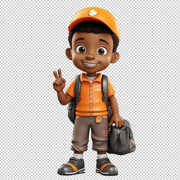 Black kid volunteering 3d sullo sfondo trasparente in stile cartone animato