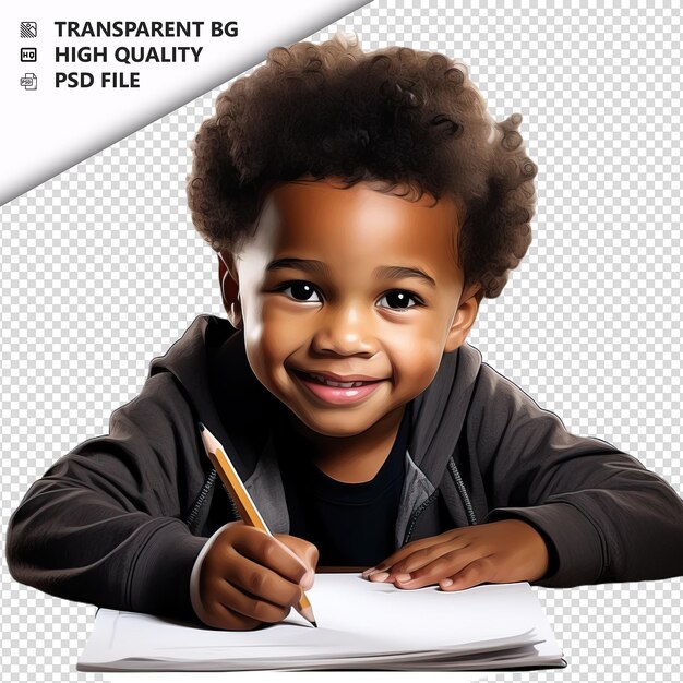 PSD black kid writing ultra realistic style white background