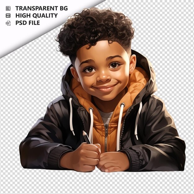 PSD black kid writing ultra realistic style white background