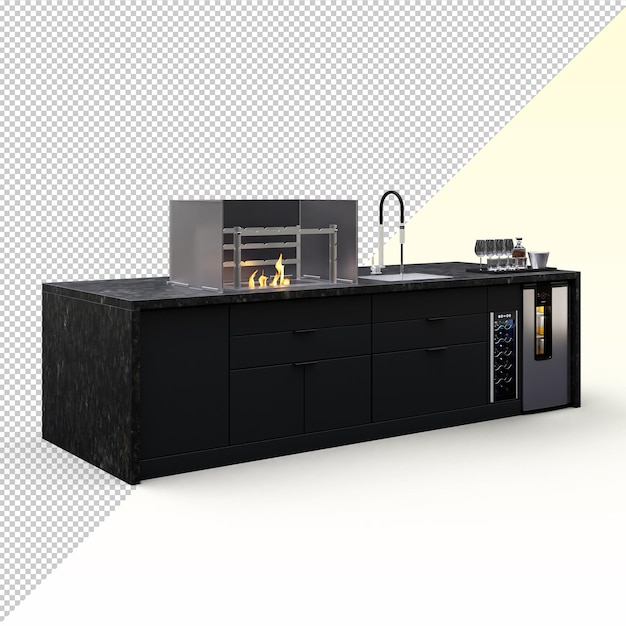 A black kitchen island with a stove and a fire place