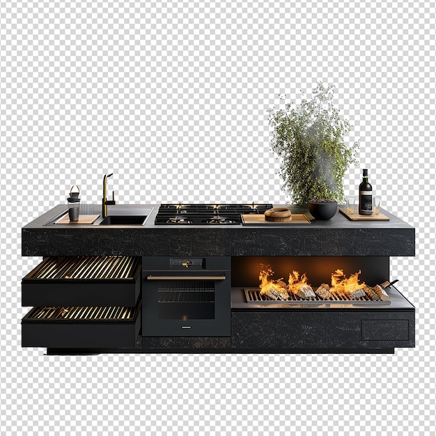 Un'isola di cucina nera con un frigorifero per vino e una stufa isolata su uno sfondo trasparente
