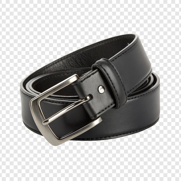 black leather belt with metal buckle isolated on transparent background