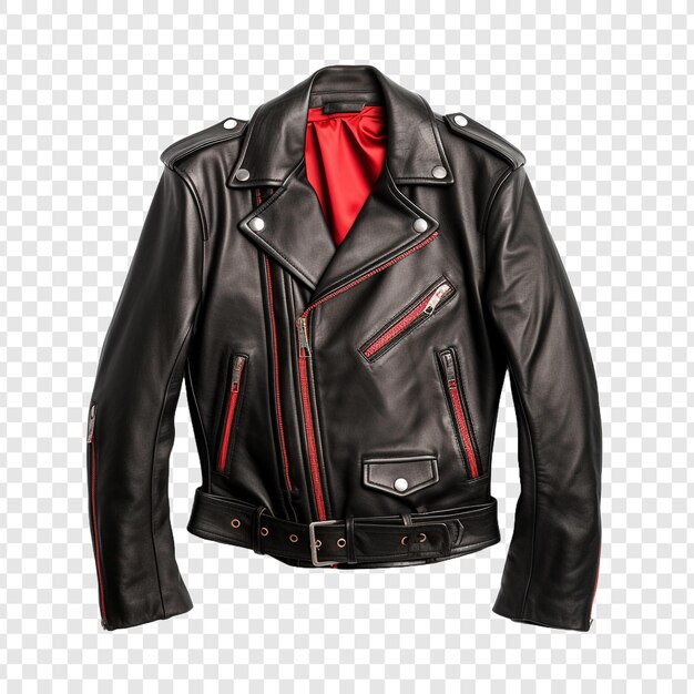 PSD Черная кожаная байкерская куртка с красной шелковой подкладкой на прозрачном фоне