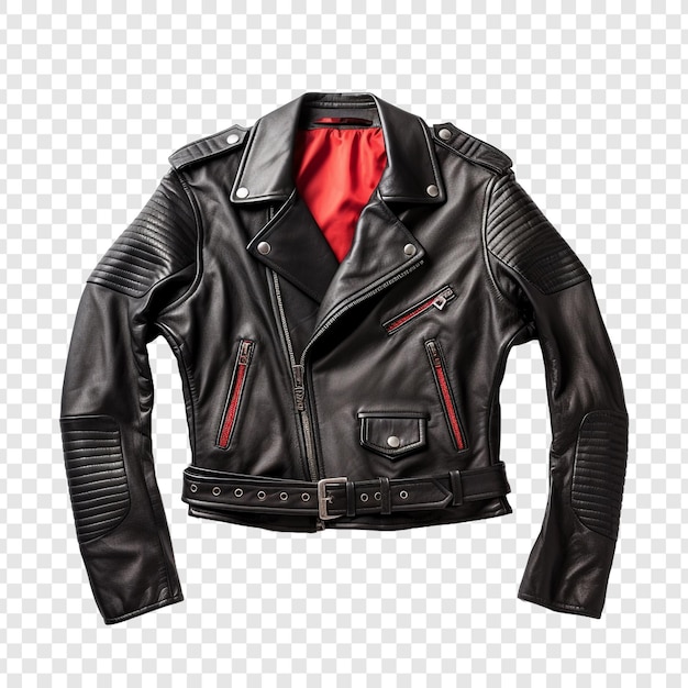 PSD black leather biker jacket with red silk lining isolated on transparent background