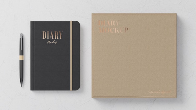 PSD black leather diary mockup cardboard box mockup flat lay for brand presentation 3d render