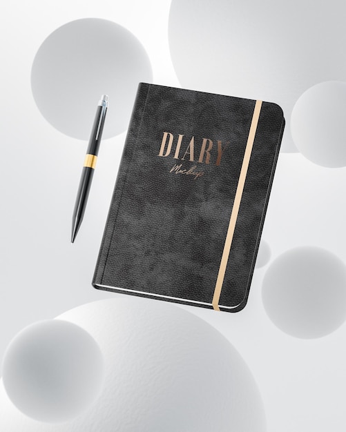 Black leather luxury diary floating logo product mockup on white abstract round background 3d render