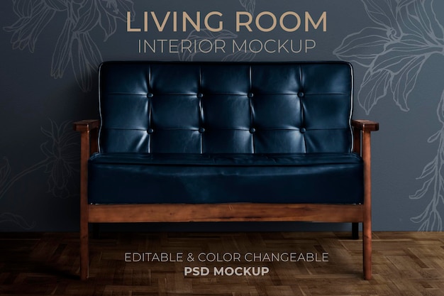 Black leather sofa mockup psd in the living room